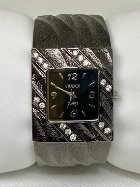 Studio women’s watch black tone quartz rhinestones 30mm cuff bangle running